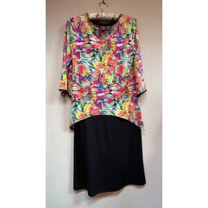 Benjamin A Womens Size 8 Black Multicolor Floral Print Layered Dress 3/4 Sleeve
